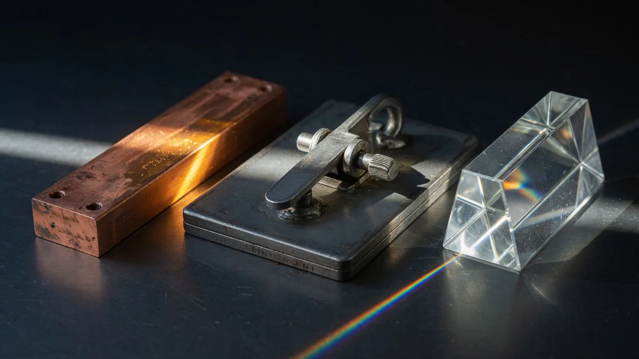 A copper busbar, a steel latch plate, and a glass prism in a row on dark steel.