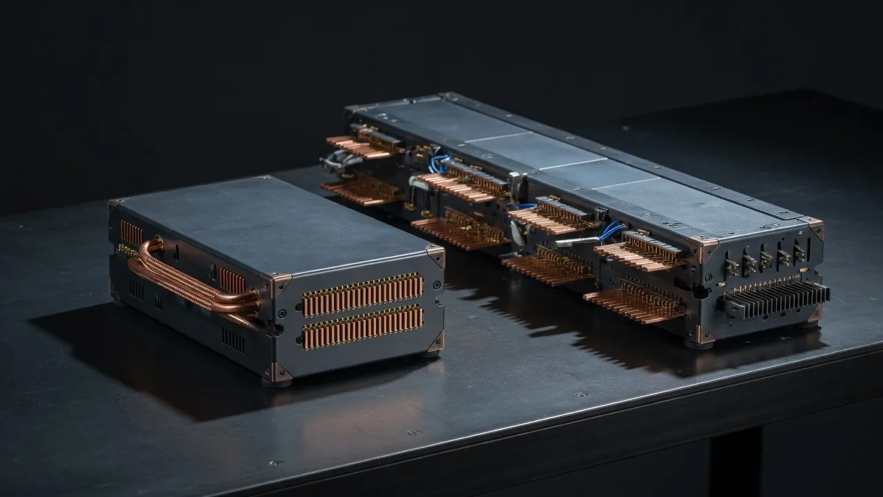A small desk inference box beside a longer rack blade, same dark metal.