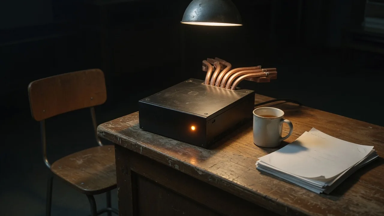 A dark metal box with one amber lamp on a worn shop desk at night, empty chair.