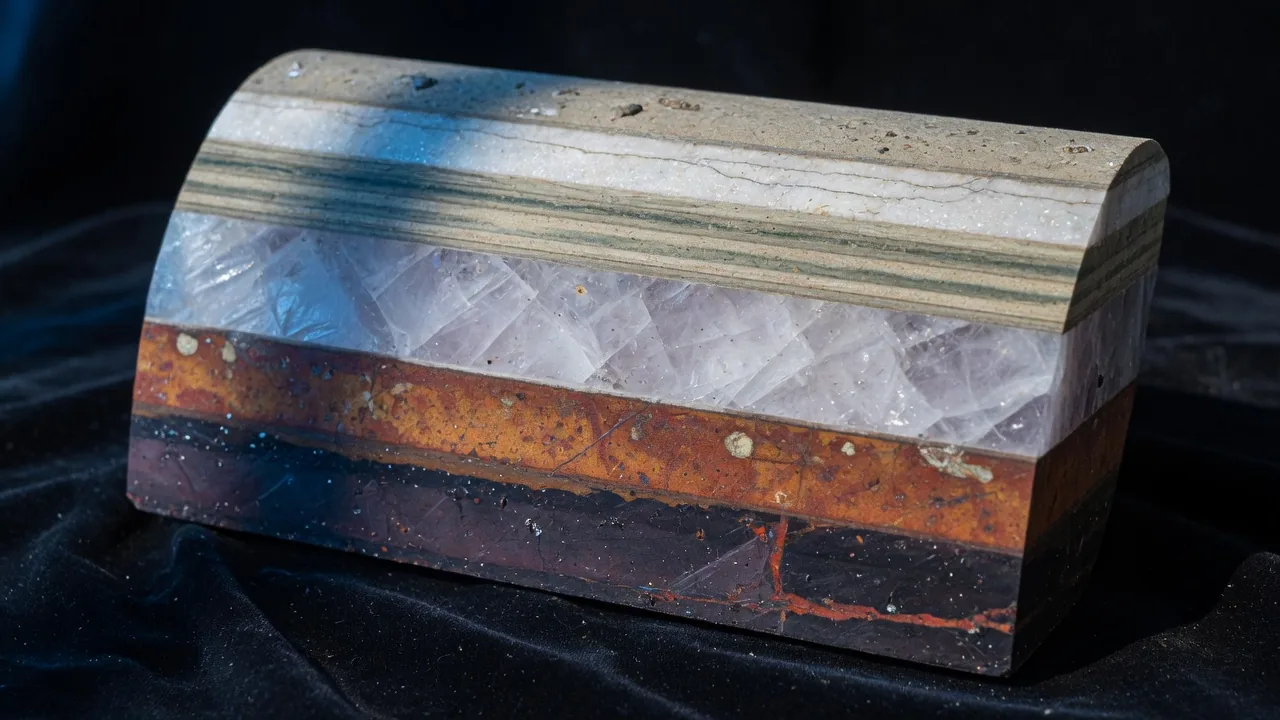 A cut of rock showing its layers, the darkest one at the bottom.