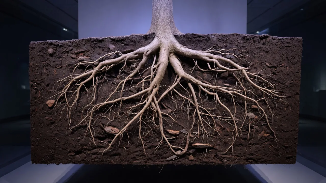 One tree trunk and its whole root system held in a single volume of earth.