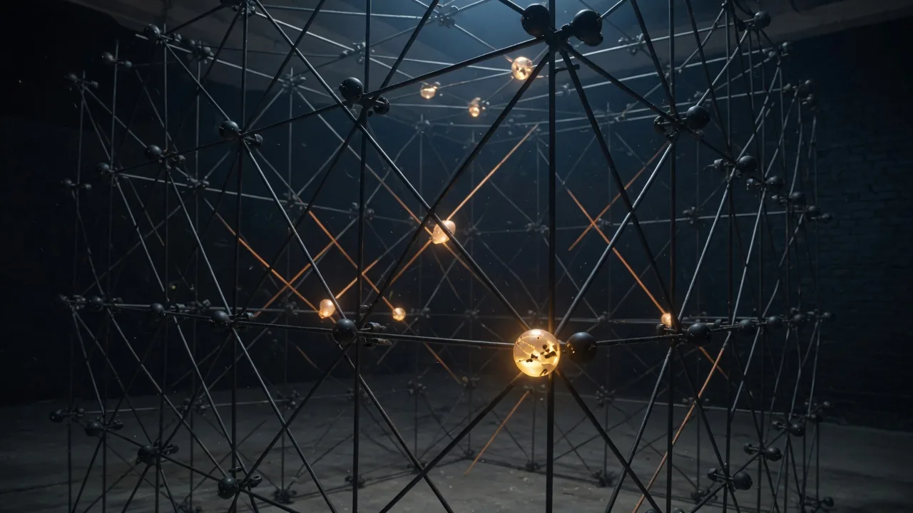 A lattice of nodes, most of them dark, a few lit gold.